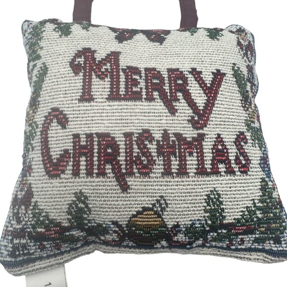 Merry Christmas Hanging Decorative Pillow Festive Tapestry With Handle Burgundy - Picture 2 of 7